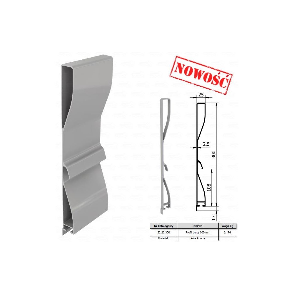 Profil aluminiowy burty 300 mm ANODA Profil aluminiowy burty 300 mm ANODA