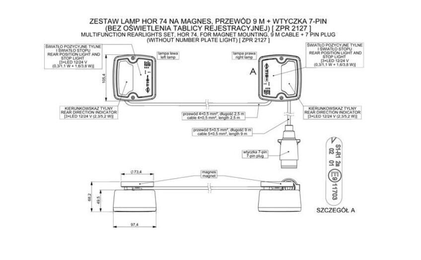 SET OF 12/24V LED COMBINATION LAMPS FOR MAGNET MOUNTING WITH 7 PIN PLUG
