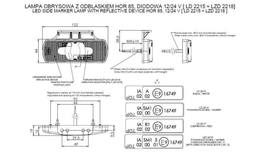 LAMPA OBRYSOWA PORAŃCZOWA LEDOWA 12/24V 0,5M