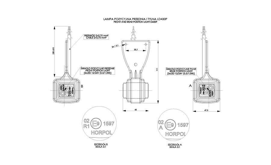 LAMPA OBRYSOWA BIAŁA + CZERWONA HOR 44 WISZĄCA ,DIODA 12/24 V PRAWA