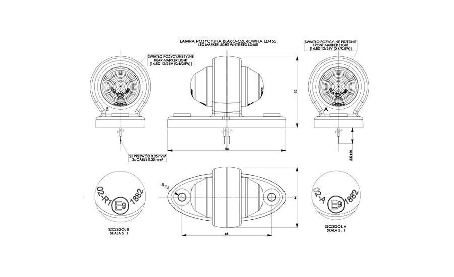RUBBER CLEARANCE LAMP . WHITE/BLACK LED 12/24V 0,5M