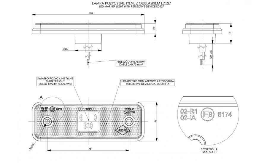 RED LED MARKER LAMP 12/24V 0,5M