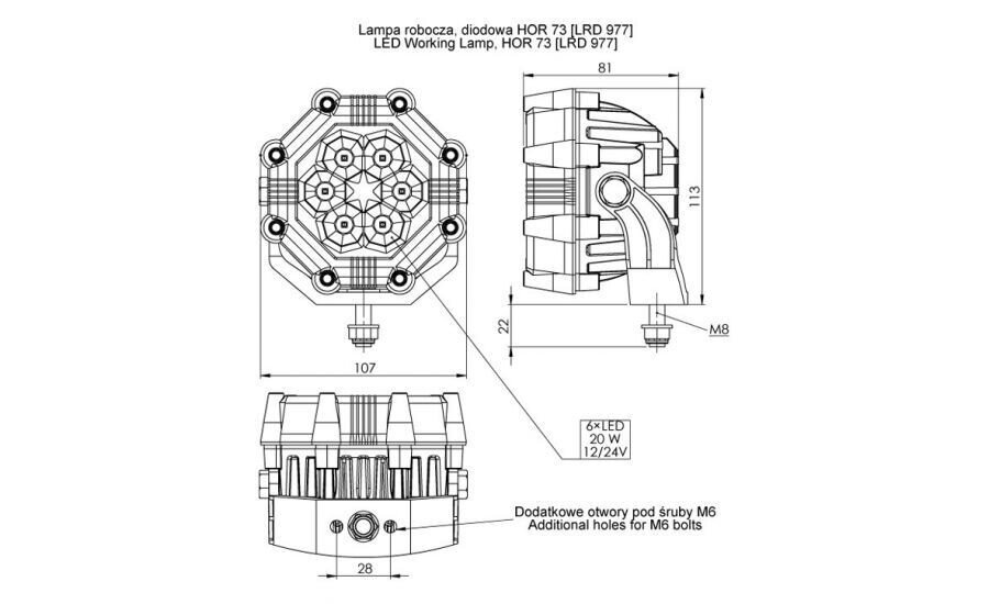 Horpol lampa robocza „LRD 977” 6xLED /23W/1800LM 12/24V światło rozproszone