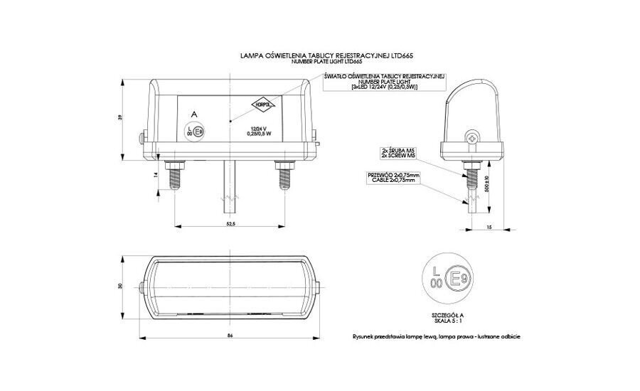 LAMPA OŚW TABLICY REJ UNIWERSALNA MAŁA H63, DIODOWA 12/24V PRZEWÓD PŁASKI