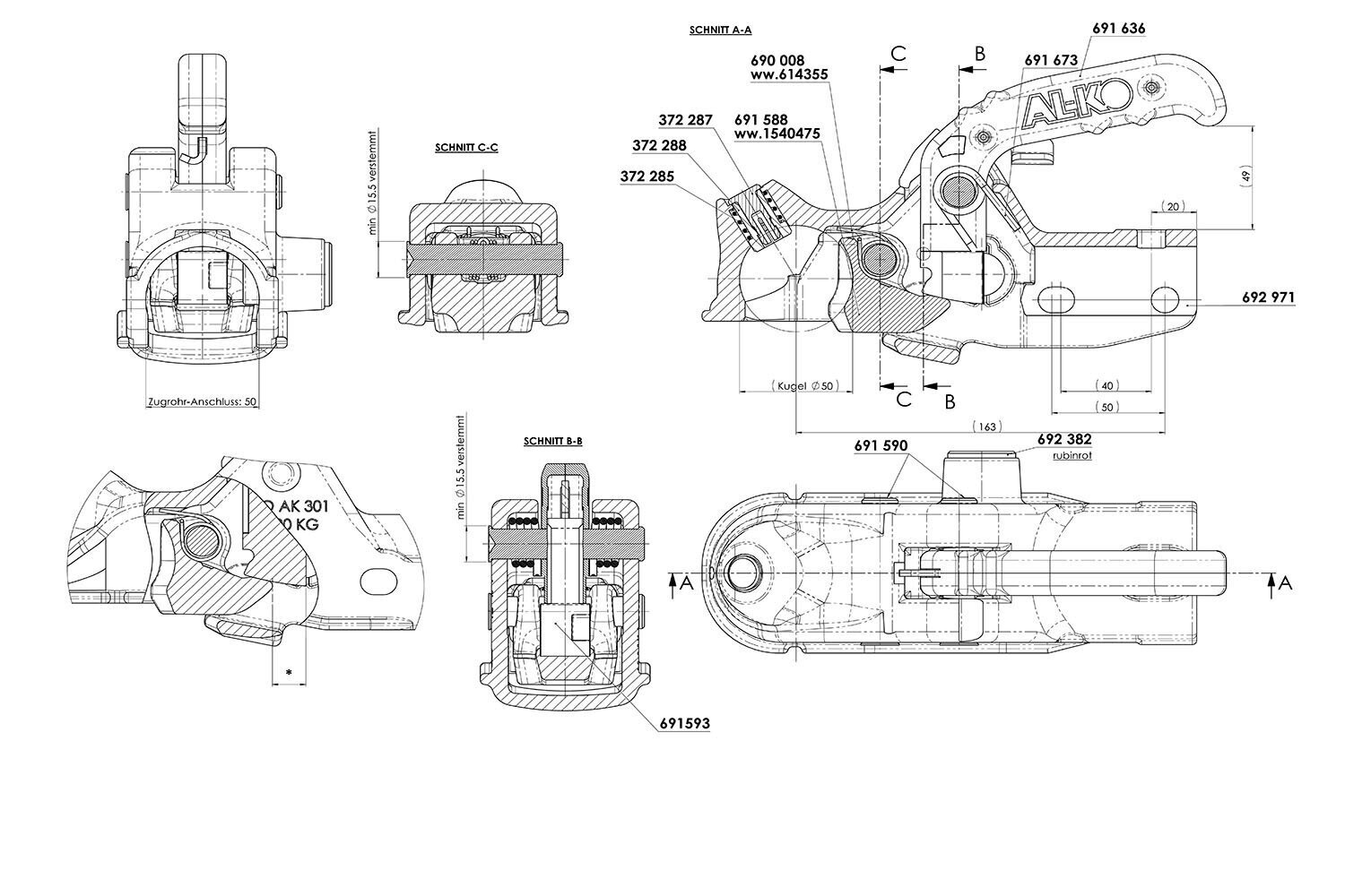 AL-KO AK301 3000 kg FI 50 mm ball head hitch