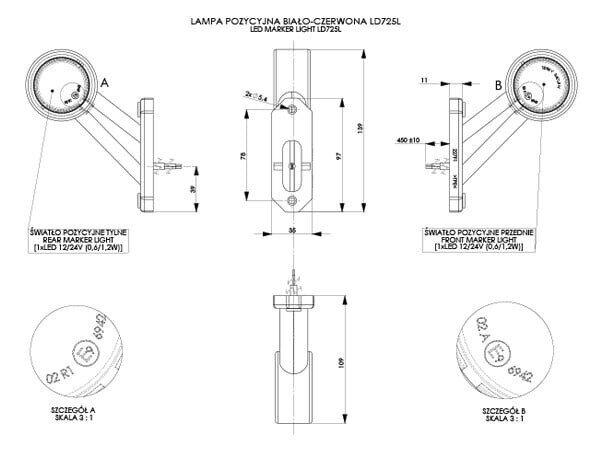 LAMPA OBRYSOWA B-CZ H69 NA WYSIĘGNIKU ŚREDNIM 12/24V LEWA