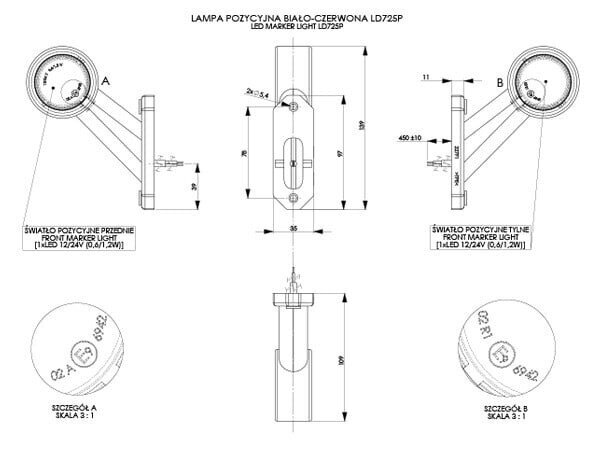 LAMPA OBRYSOWA B-CZ H69 NA WYSIĘGNIKU ŚREDNIM 12/24V PRAWA