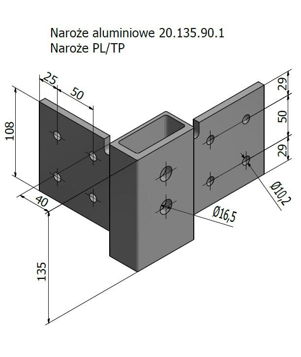 NAROŻE ALUMINIOWE 90 PL/TP CENTRALNE OTWORY