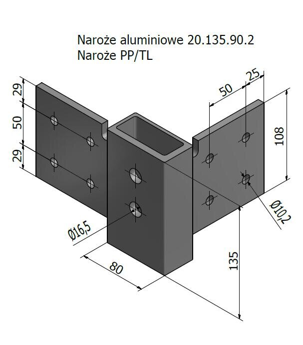 NAROŻE ALUMINIOWE 90 PP/TL CENTRALNE OTWORY