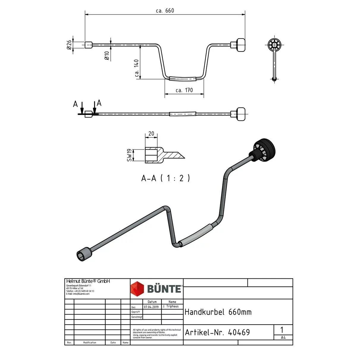 Crank for 450/600/1100 kg folding supports with 19mm key