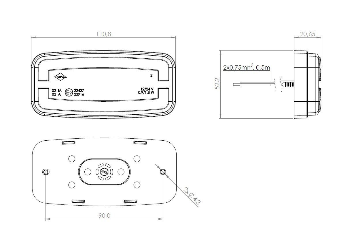 Horpol orange LED marker lamp 12/24V wire 0.5m