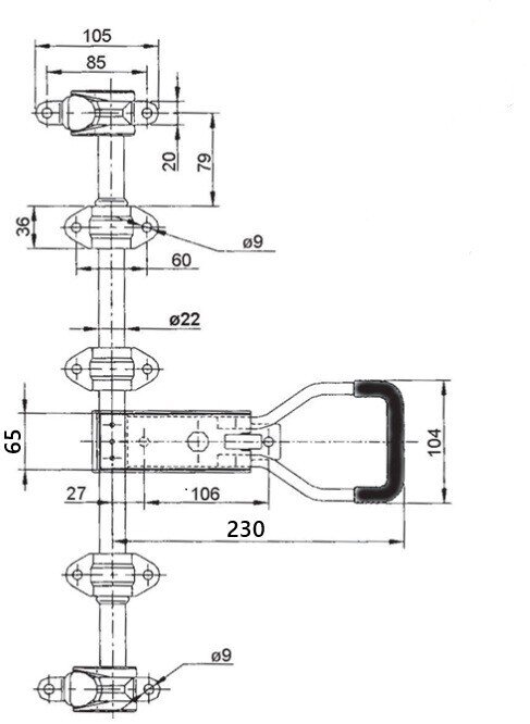 Rear door bolt / cassette lock – stainless fi22 kpl.
